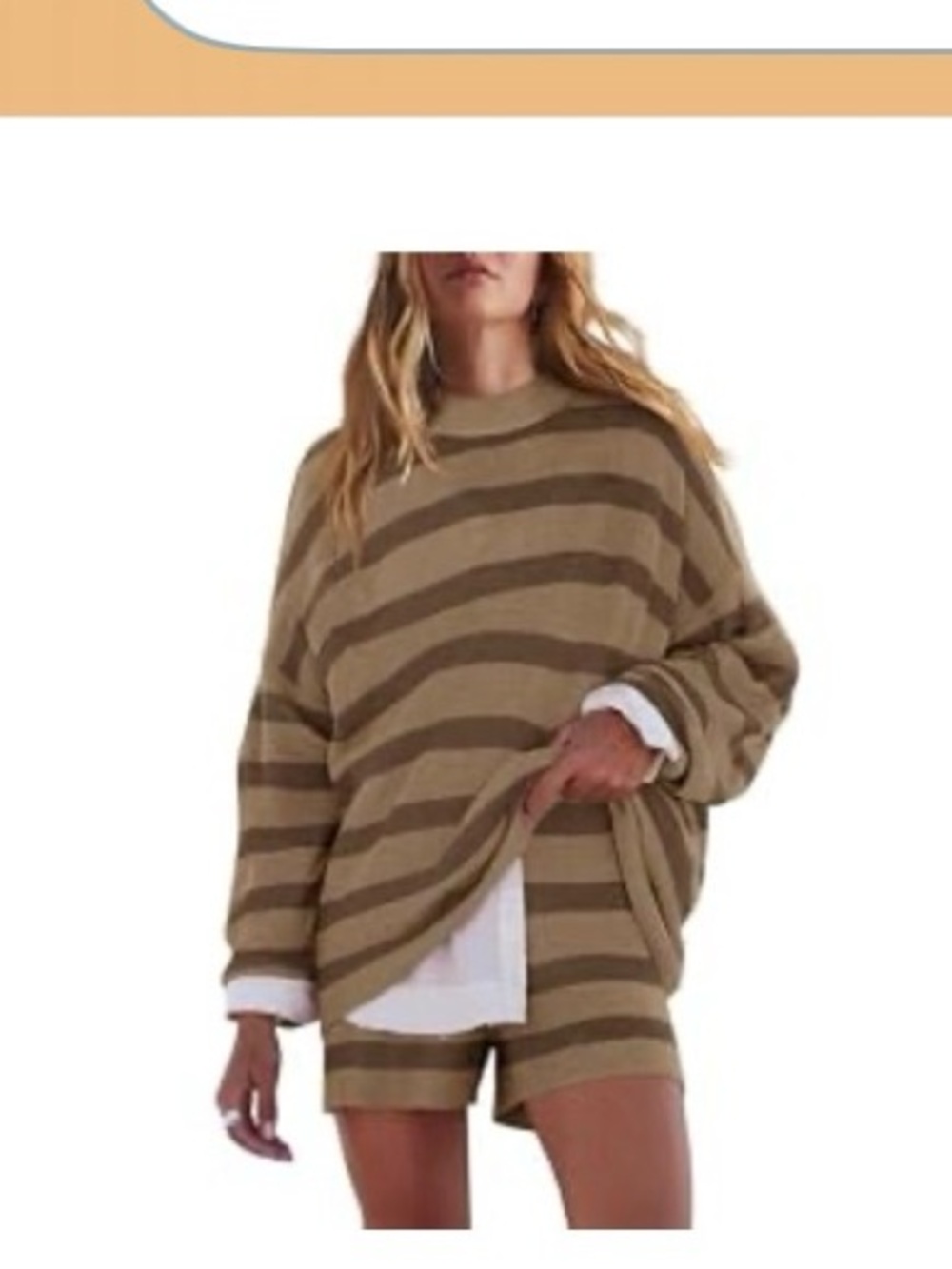 Oversized Women's Striped Lounge Sweater - Khaki/Brown